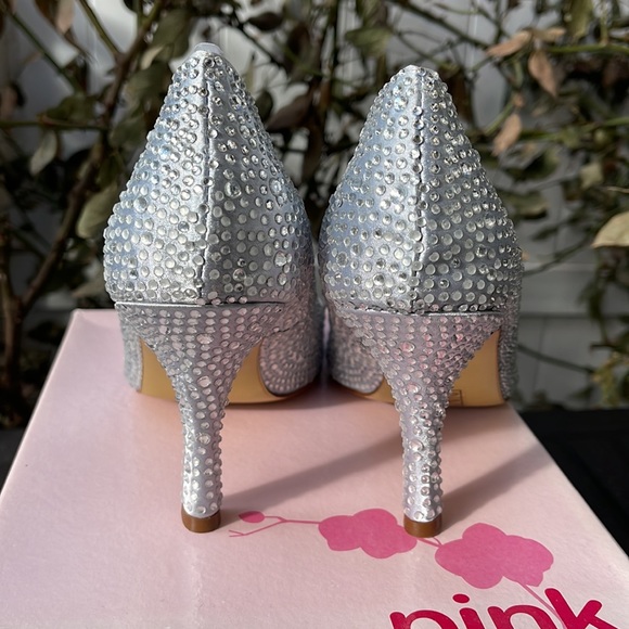 Pink Paradox London - Celebrate - Silver Satin & Rhinestone Peep Toe Heel Size 8 - Picture 8 of 16